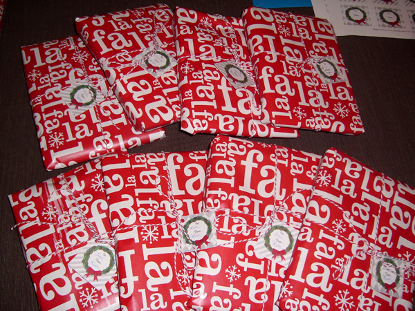 Presents all lined up to be packaged for mailing!